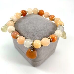 Cute Unsigned Rose Quartz Good Luck Cat Beaded Charm Stretch Bracelet